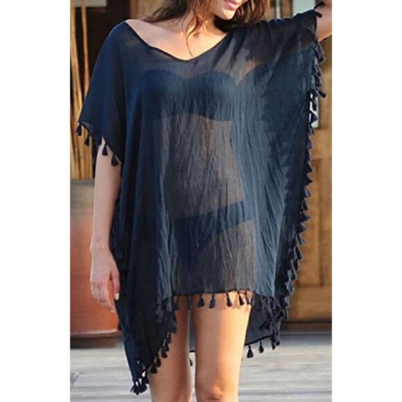 West Loop Women's OSFM 48" x 31" Sheer Pom Pom Swim Cover Up Blue Pull Over‎ - Picture 1 of 9